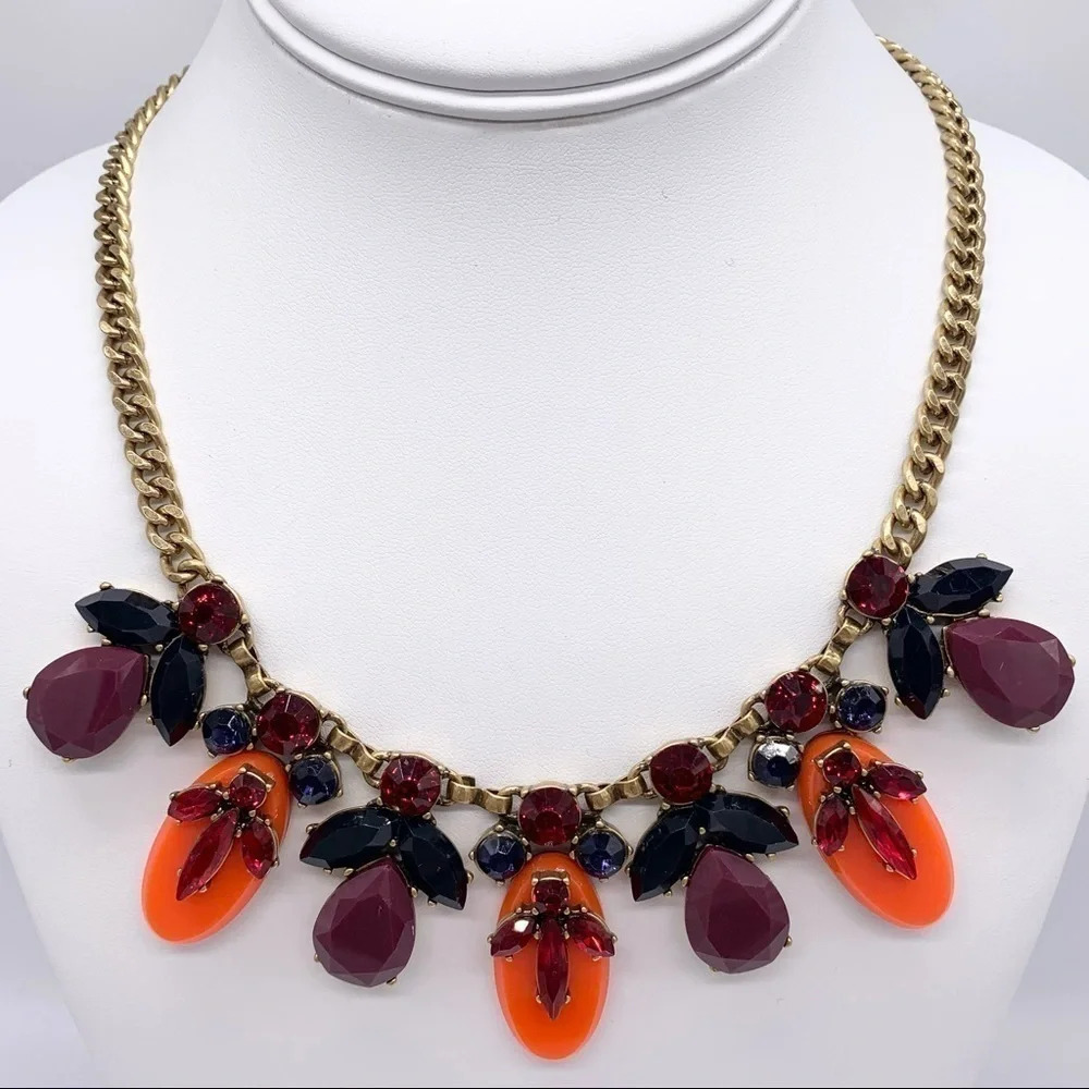 J. Crew Orange Red Burgundy Navy Jeweled Necklace